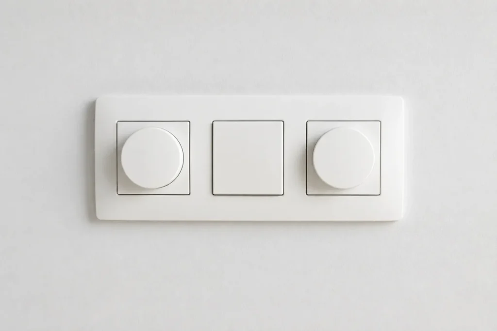 Modern white triple rotary dimmer switch panel on a wall