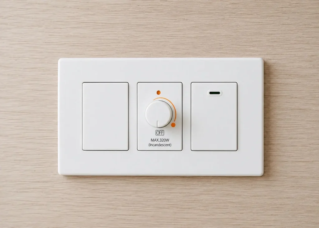 White electrical switch plate with a fan speed controller and light switches on a timber wall