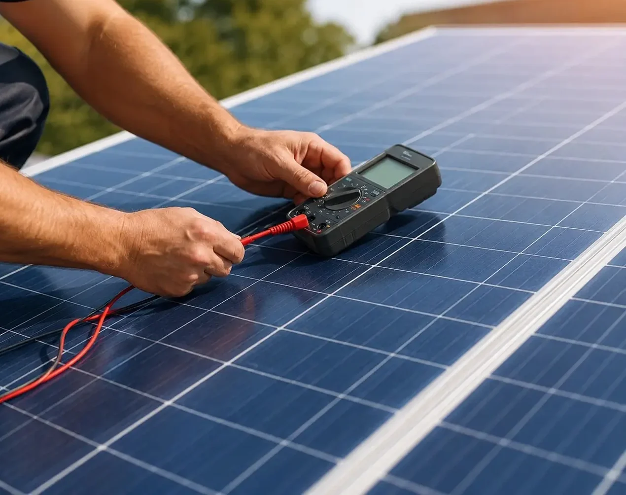 Technician using a multimeter to test a solar panel electrical output