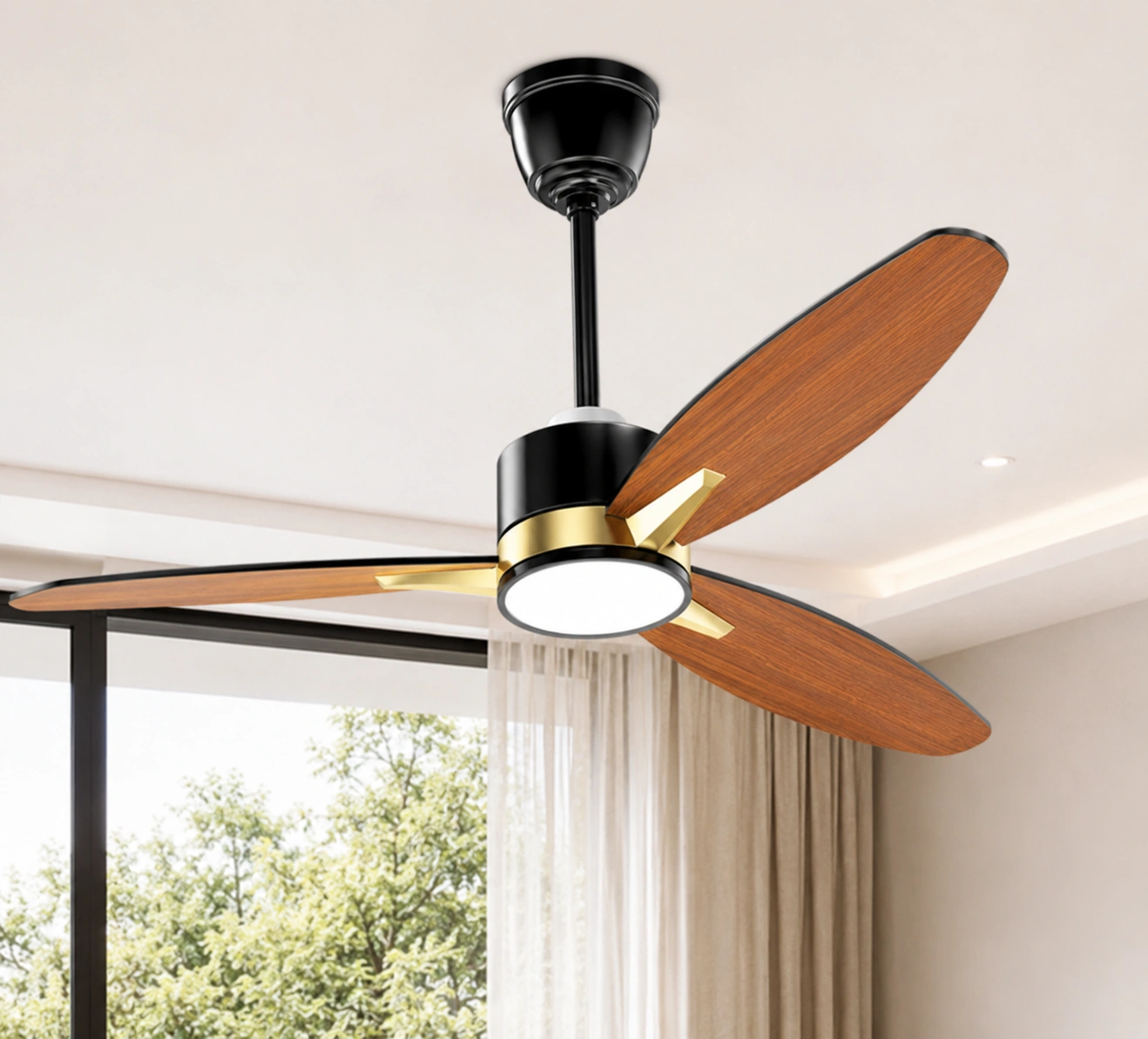 Modern ceiling fan with timber blades and an integrated light