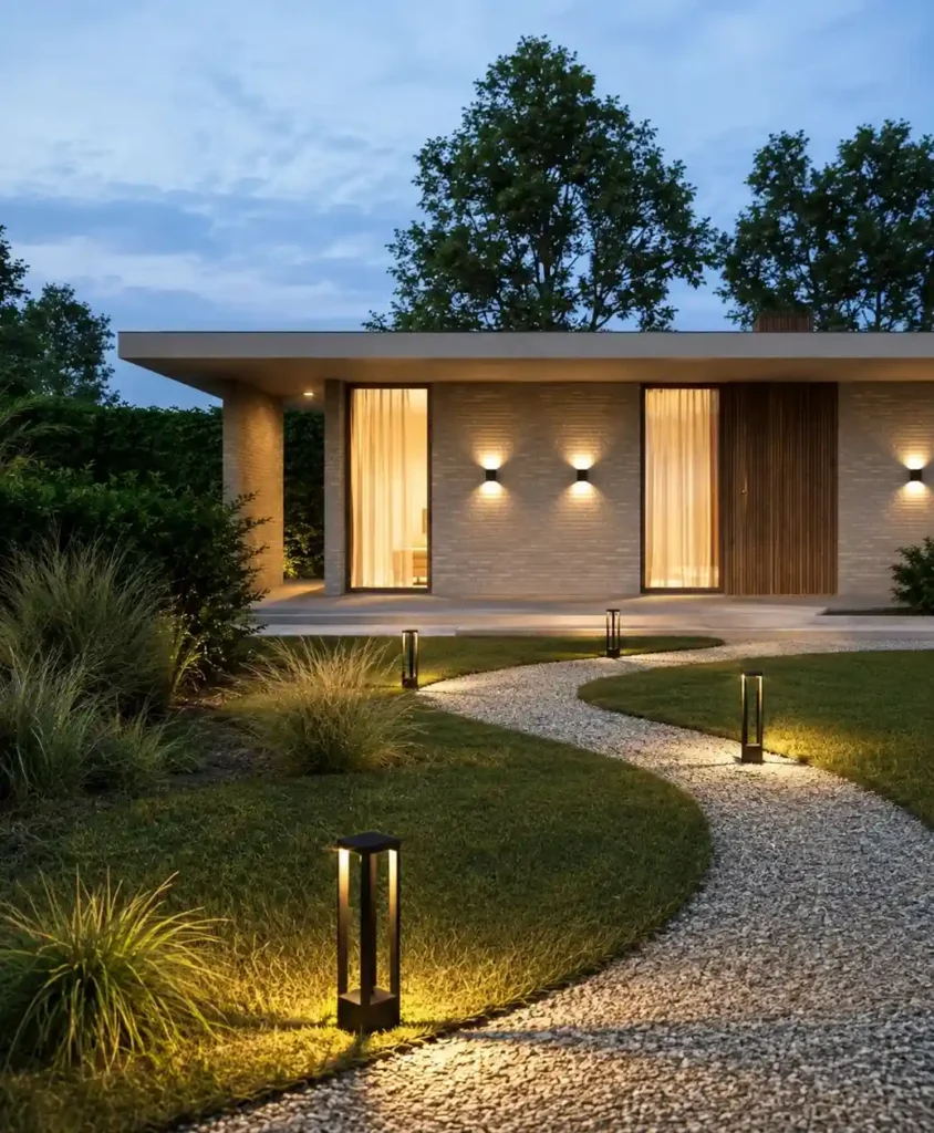 Single storey home exterior at dusk with garden path and landscape lighting