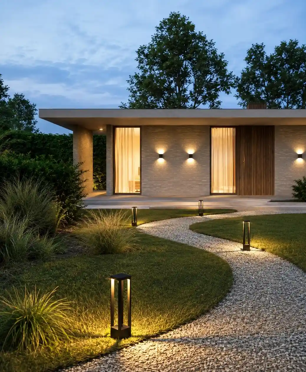 Single storey home exterior at dusk with garden path and landscape lighting