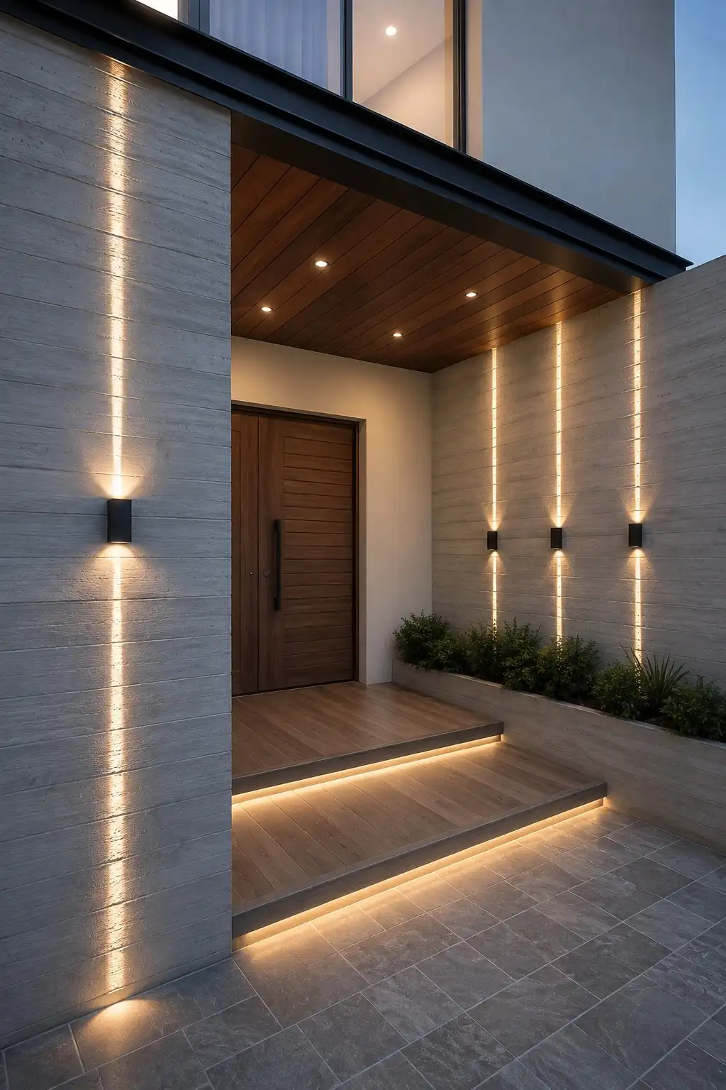 Contemporary home facade lit with vertical LED wall lights at dusk