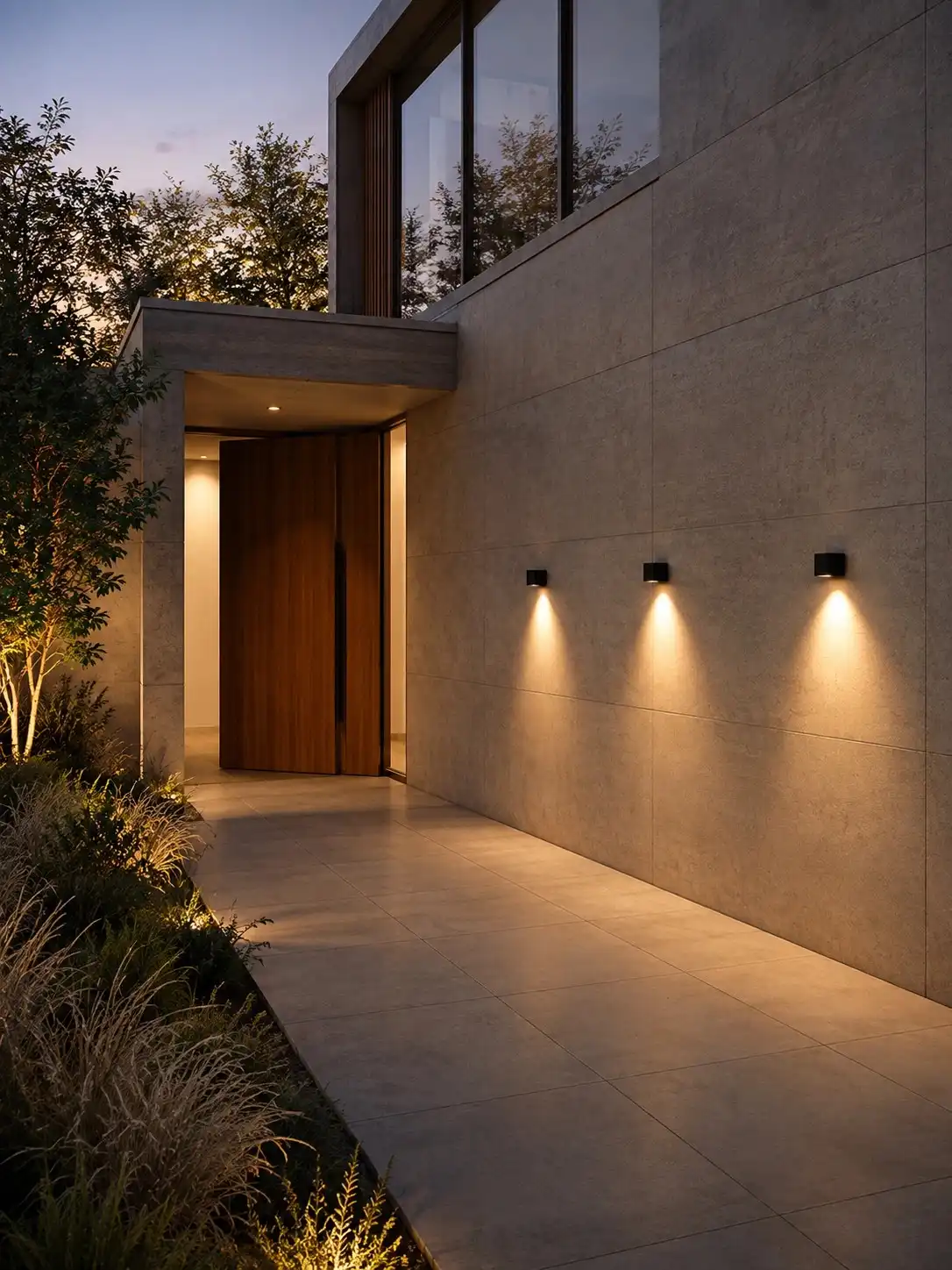 Modern rendered home exterior with recessed wall lights at night